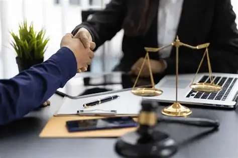 Attorney working at a desk with files and laptop